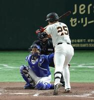 　７回、死球を受ける岡本（撮影・金田祐二）