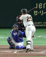 　７回、死球を受ける岡本（撮影・金田祐二）