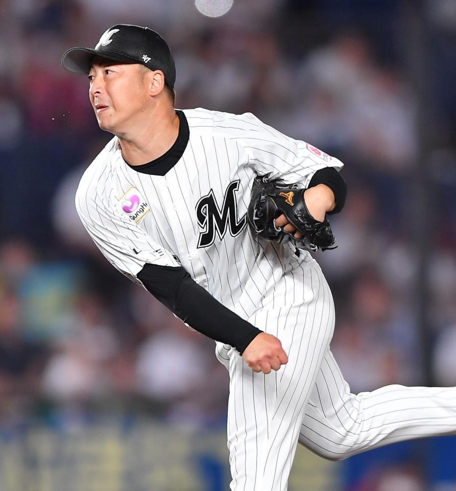 　引退試合の先発マウンドで懸命に腕を振る美馬（撮影・開出牧）