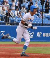 　４回、同点に追いつく押し出し死球に吠える東大・青貝尚柾（撮影・持木克友）