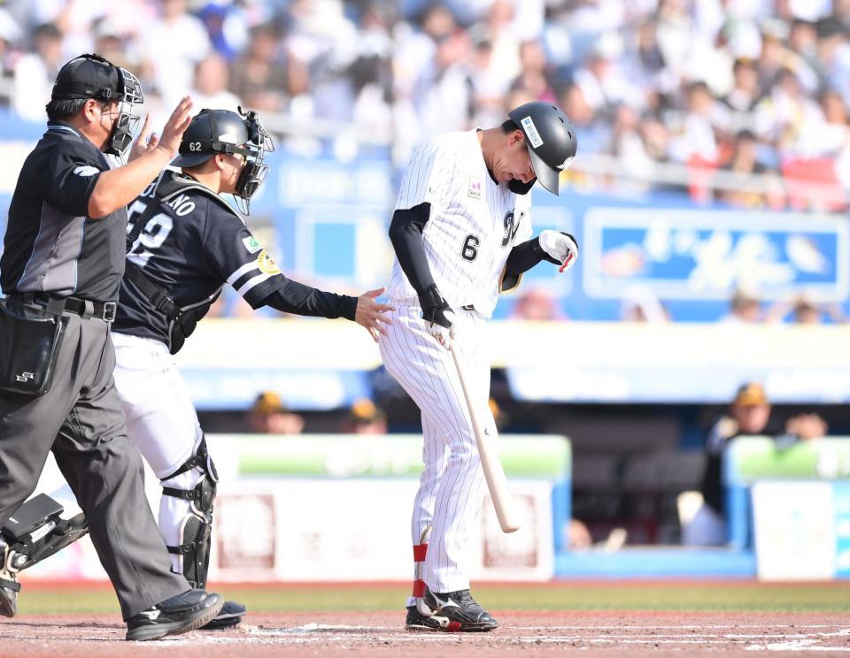 　３回、死球を受け痛みに耐える西川（右）。捕手・海野（撮影・開出牧）