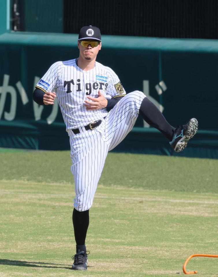 　ウオーミングアップをする佐藤輝（撮影・立川洋一郎）