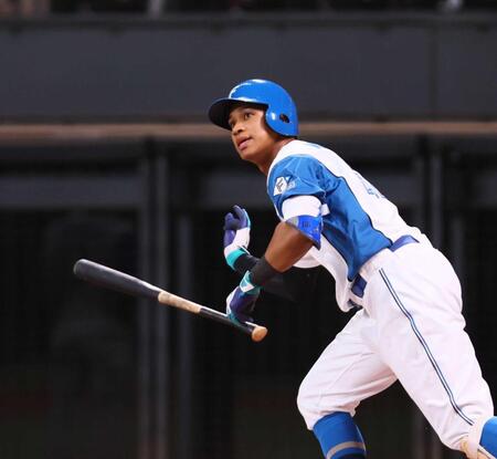 　２回、安打を放つ万波（撮影・中島達哉）