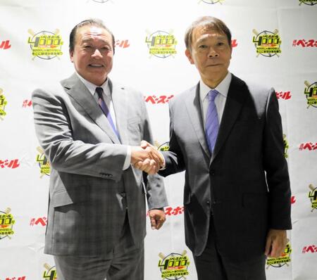 　週刊ベースボール創刊４０００号記念企画トークショーを行った梨田昌孝氏（左）と西村徳文氏