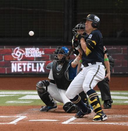 　６回、左腕に死球を受ける杉本（撮影・伊藤笙子）