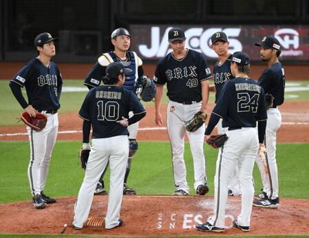 　８回、レイエスに逆転２点打を浴びた岩崎（中央）を降板させる岸田監督（右から３人目）＝撮影・伊藤笙子