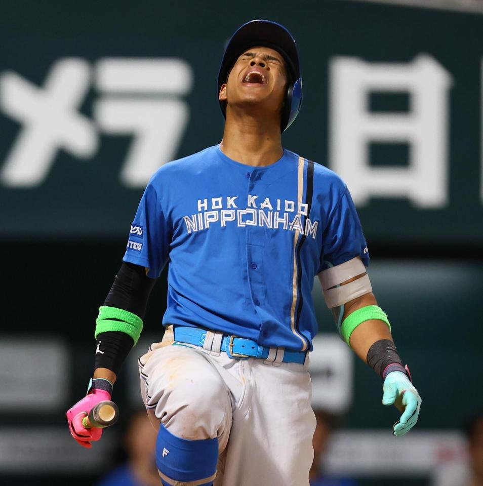 　７回、見逃し三振に倒れ、悔しがる万波（撮影・中島達哉）