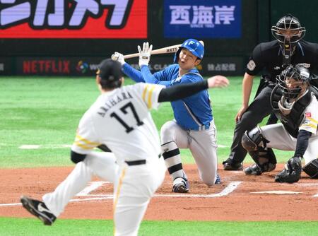 　６回、有原（手前）の前に空振り三振に倒れる石井（撮影・伊藤笙子）