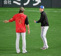 　試合前、新庄監督（左）と打撃について話し合う松本剛（撮影・伊藤笙子）