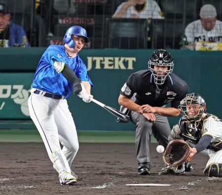 　４回、空振り三振に倒れる佐野（撮影・立川洋一郎）