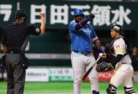 　６回、球審からスイングを取られアウトを申告されるレイエス（中央）＝撮影・中島達哉