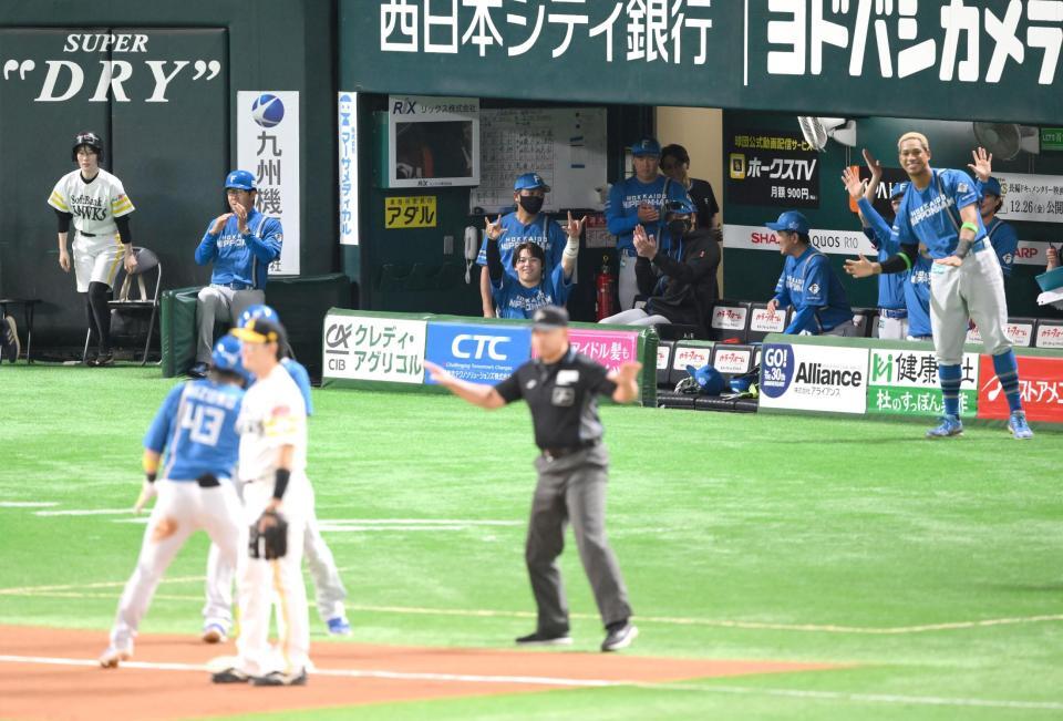 　７回、水野の三塁打に沸く日本ハムベンチ（撮影・伊藤笙子）