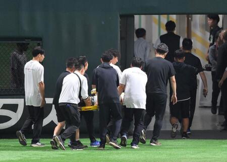 　３回、一ゴロに倒れた際に審判と交錯し、担架で運ばれる中村（撮影・伊藤笙子）
