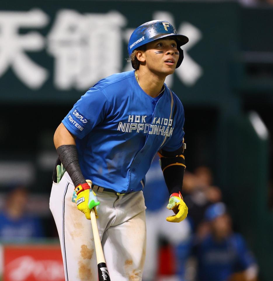 　４回、ソロを放ち、打球を見つめる水谷（撮影・中島達哉）