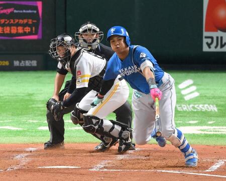 　４回、左前打を放つ万波（撮影・伊藤笙子）