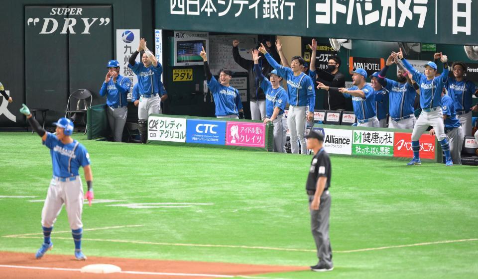 　４回、矢沢の適時二塁打に盛り上がる日本ハムベンチ（撮影・伊藤笙子）