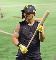 　練習に姿を見せ、バント練習をする中村（撮影・中島達哉）