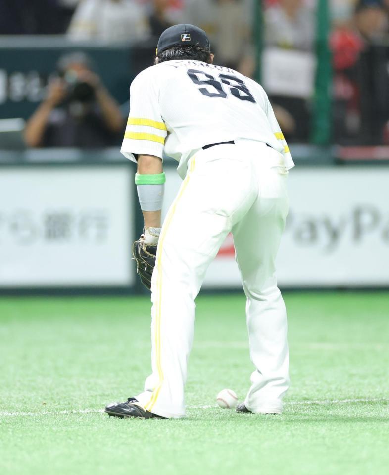 　６回、中野のバントの打球を見る野村（撮影・西岡正）