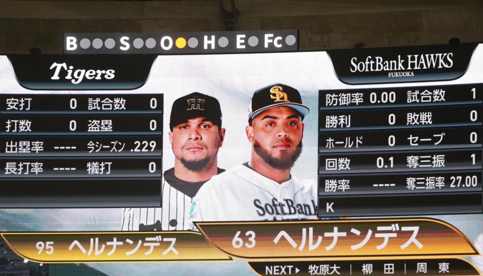 　７回、ソフトバンクのヘルナンデスと阪神のヘルナンデスが対決（撮影・西岡正）