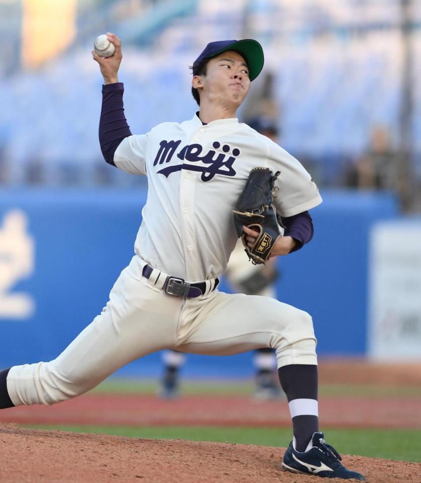 　最終回をピシャリと抑えた明大・大川慈英（撮影・開出牧）