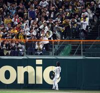 　４回、近本は山川のスタンドインする打球を見送る（撮影・山口登）