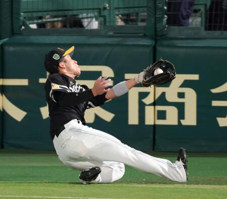 　２回、佐藤輝の打球を好捕する野村（撮影・立川洋一郎）