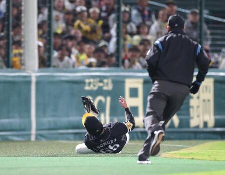 　２回、佐藤輝の邪飛を好捕する野村（撮影・西岡正）