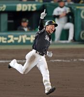 　１１回、勝ち越しソロを放ち雄たけびを上げてダイヤモンドを回る野村（撮影・立川洋一郎）