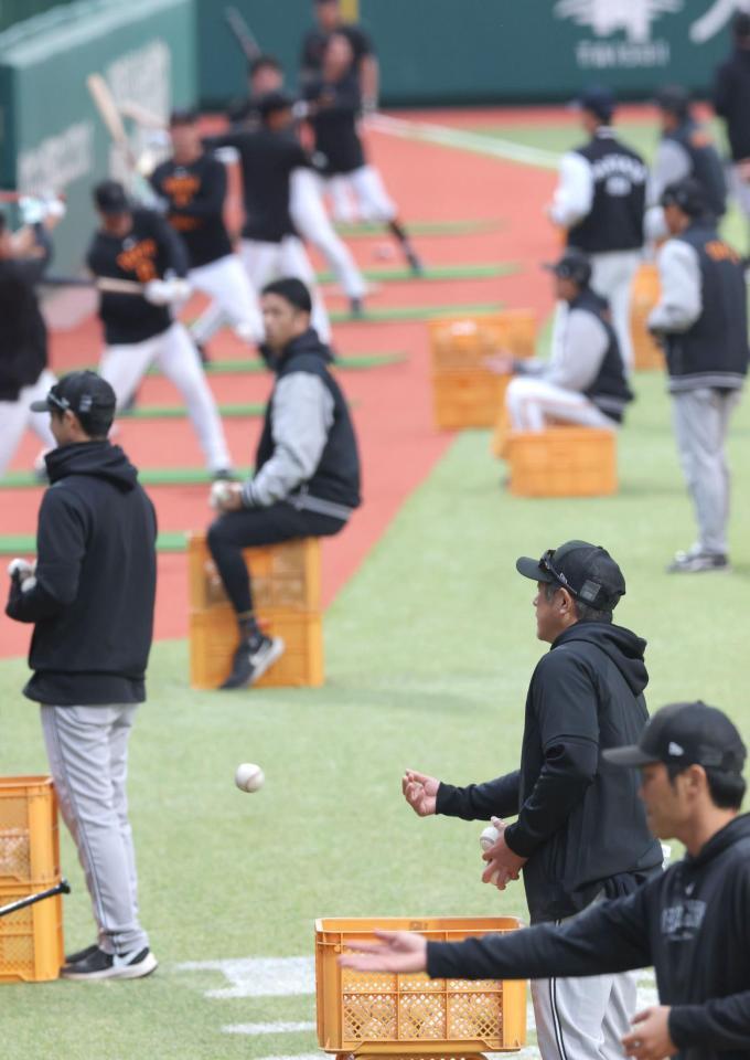 　ロングティーのボールを投げる石井２軍監督（手前）＝撮影・西岡正