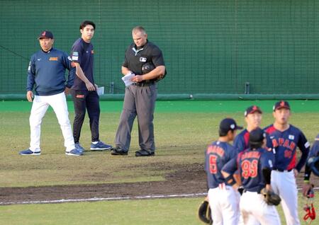 　９回、松山（手前右）の降板を球審に告げた井端監督（左奥）＝撮影・立川洋一郎