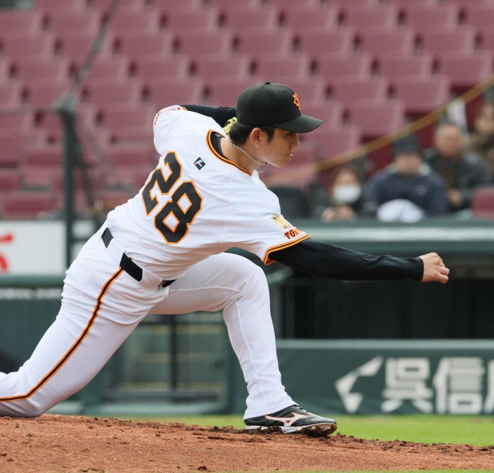 　トライアウトに参加し、力投する前巨人・高橋礼（撮影・市尻達拡）