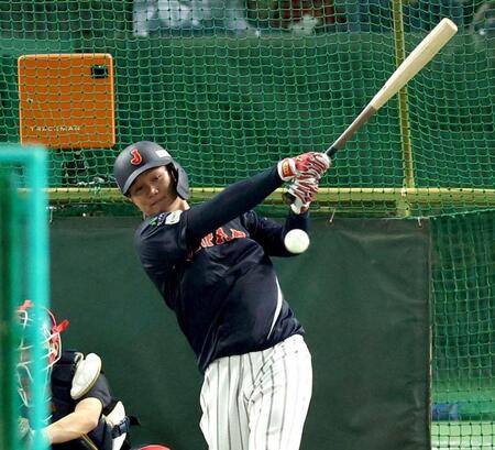 　打撃練習する森下（撮影・金田祐二）