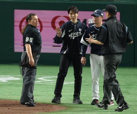 　５回、野村の打球を二塁打と判定も柳監督の抗議によりファウルとなる（撮影・金田祐二）