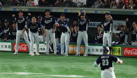 　４回、安賢民の先制２ランに盛り上がる韓国ベンチ（撮影・金田祐二）