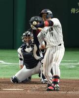 　５回、死球を受ける西川＝１５日