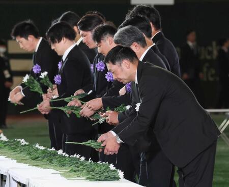 　献花する阿部監督（手前）と巨人ナイン（代表撮影）