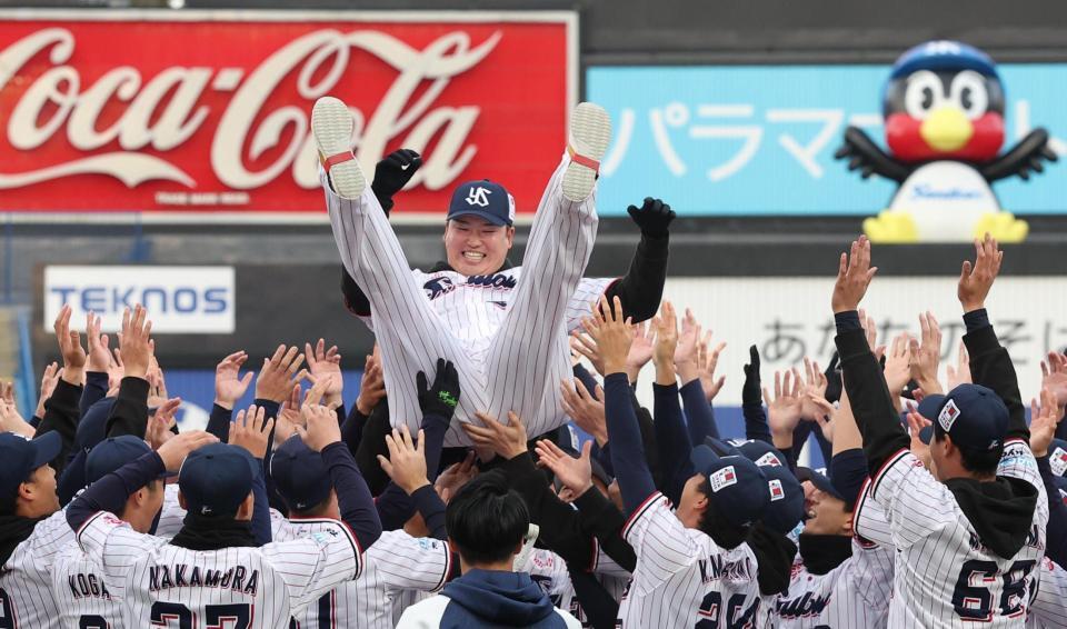 　胴上げされる村上（撮影・佐々木彰尚）