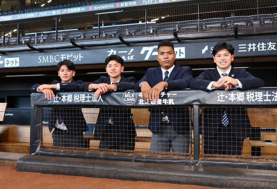 　球場見学する（左から）大塚瑠晏、半田南十、エドポロ・ケイン、常谷拓輝（撮影・中島達哉）