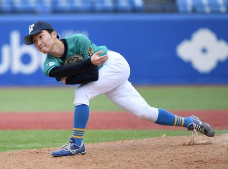 　４回表に登板し１安打無失点に抑えた渡辺向輝（東大）＝撮影・佐藤厚