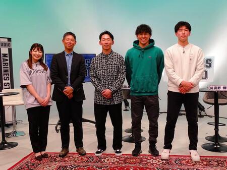 　テレビ収録をした（右から）吉川、高野脩、高部と司会の清水直行氏、木村仁美アナウンサー