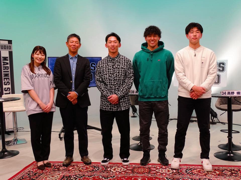 　テレビ収録をした（右から）吉川、高野脩、高部と司会の清水直行氏、木村仁美アナウンサー