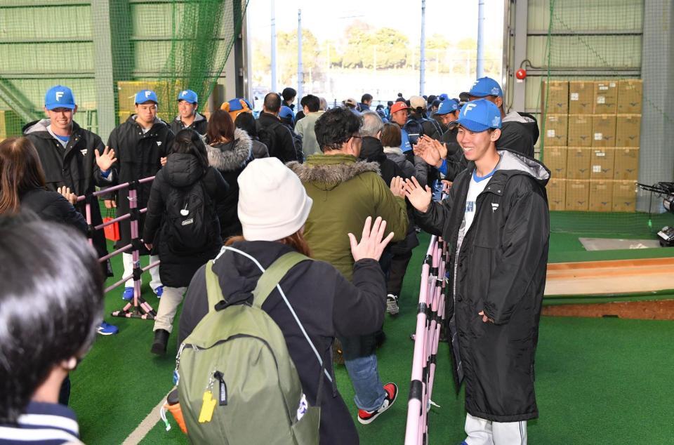 　お披露目会でファンとタッチを交わすドラフト１位・大川（右手前）ら日本ハムの新人たち（撮影・開出牧）