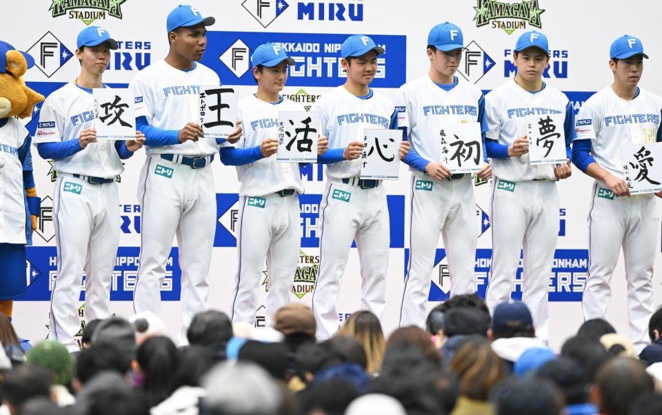 　お披露目会で書き初めを披露するドラフト１位・大川、２位・エドポロ、３位・大塚、４位・半田、５位・藤森、育成１位・常谷、育成２位・横山（左から）＝撮影・開出牧