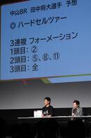 中山８Ｒの予想を披露した田中将（撮影・佐々木彰尚）