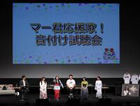 トークで盛り上がる（左から）上重聡アナウンサー、佐々木彩夏、百田夏菜子、田中将、玉井詩織、高城れに（撮影・佐々木彰尚）