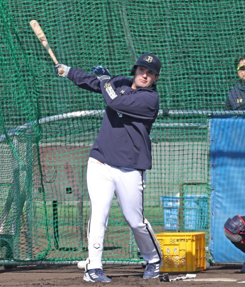 打撃練習で快音を響かせるシーモア（撮影・中田匡峻）