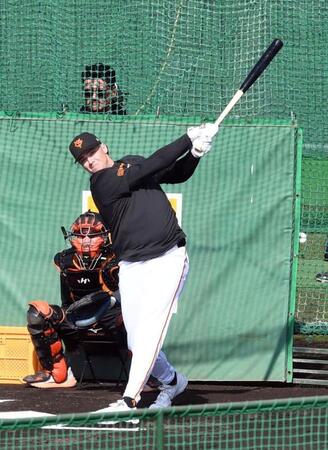 初の屋外フリー打撃で１３本の柵越えを放ったダルベック（撮影・佐藤厚）