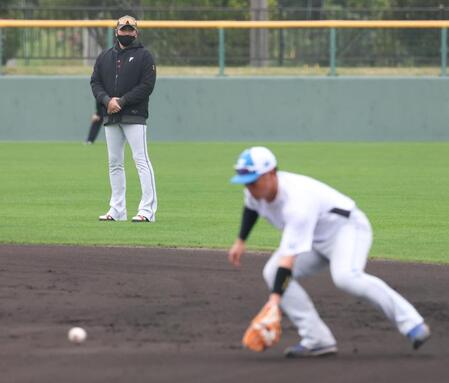 試合後、二塁で守備練習する吉田賢吾（手前）を見つめる日本ハム・新庄剛志監督＝かいぎんスタジアム国頭（撮影・西岡正）