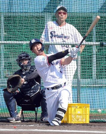 　池山監督（奥）の前でフリー打撃を行う松下（撮影・西岡正）