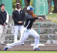 新庄監督（左から２人目）が見る前で二塁の練習に臨む野村（撮影・西岡正）